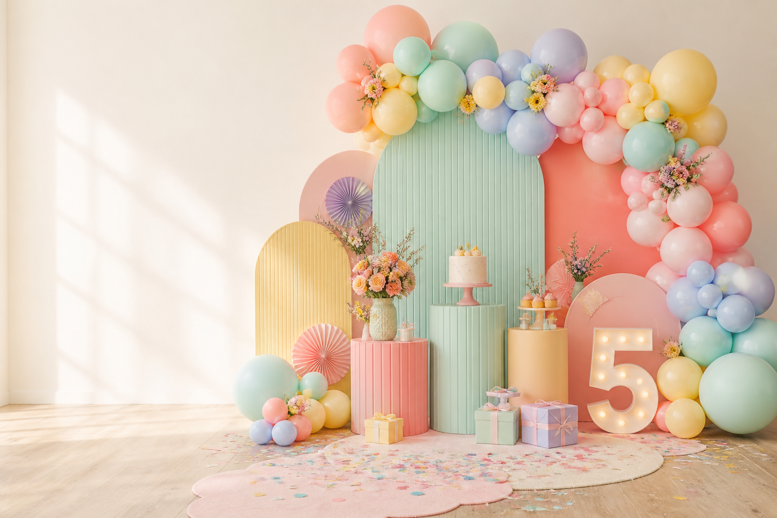 Montaje de decoración infantil en tonos pastel con globos, arcos y torta